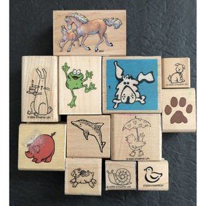 Rubber Stamps Lot Animals Horses Frog Pig Dolphin Hare Lamb Snail Duck Chick Dog